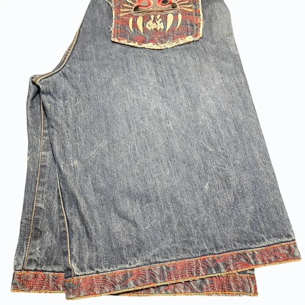 RMC Red Monkey Mens Jean Shorts 38 Denim Button Fly Embroidered Pocket & Hem Y2K